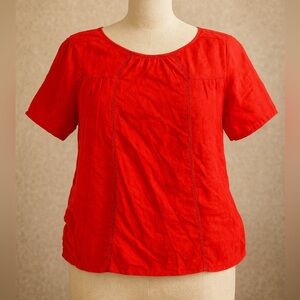 Hinge Linen Blend Peasant Top Womens Short Sleeve Eyelet Red Size Medium